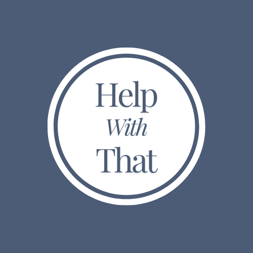 A blue background with Help With That in a white circle