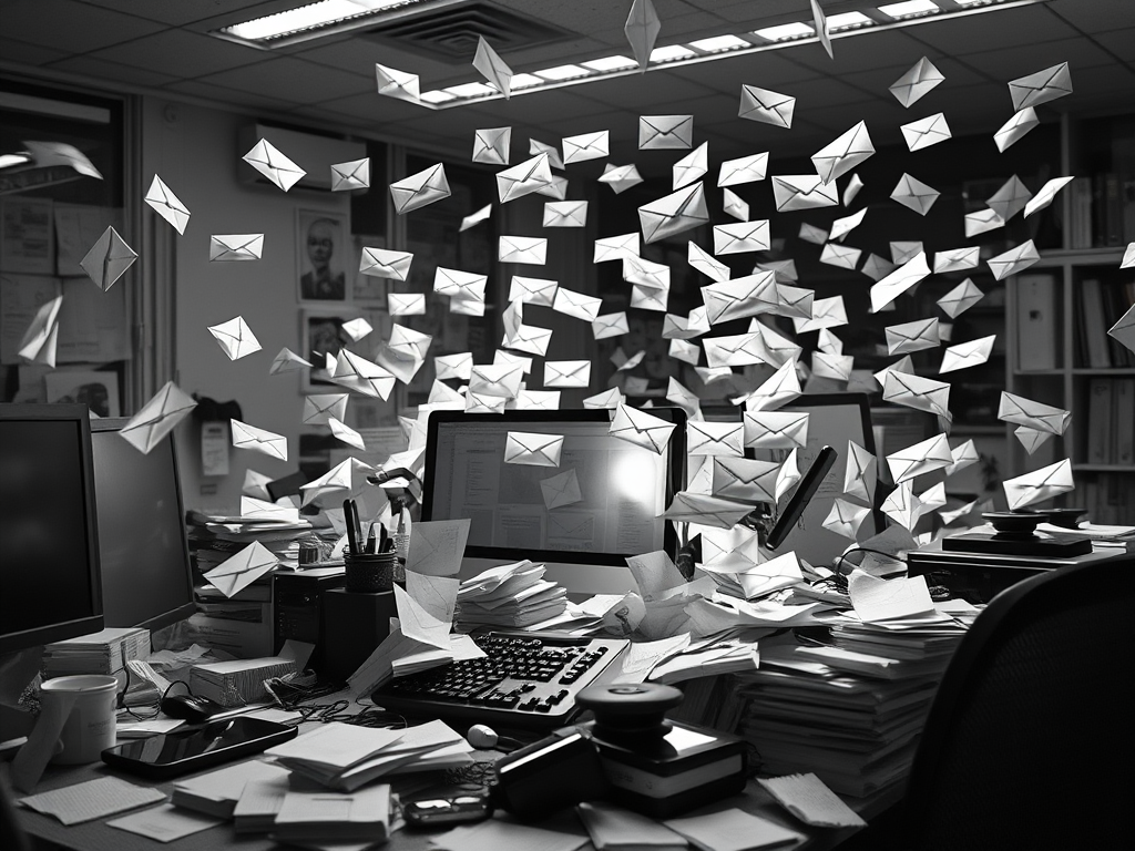 An office in the Information age. A black and white image showing messages, alerts and how this can feel overwhelming
