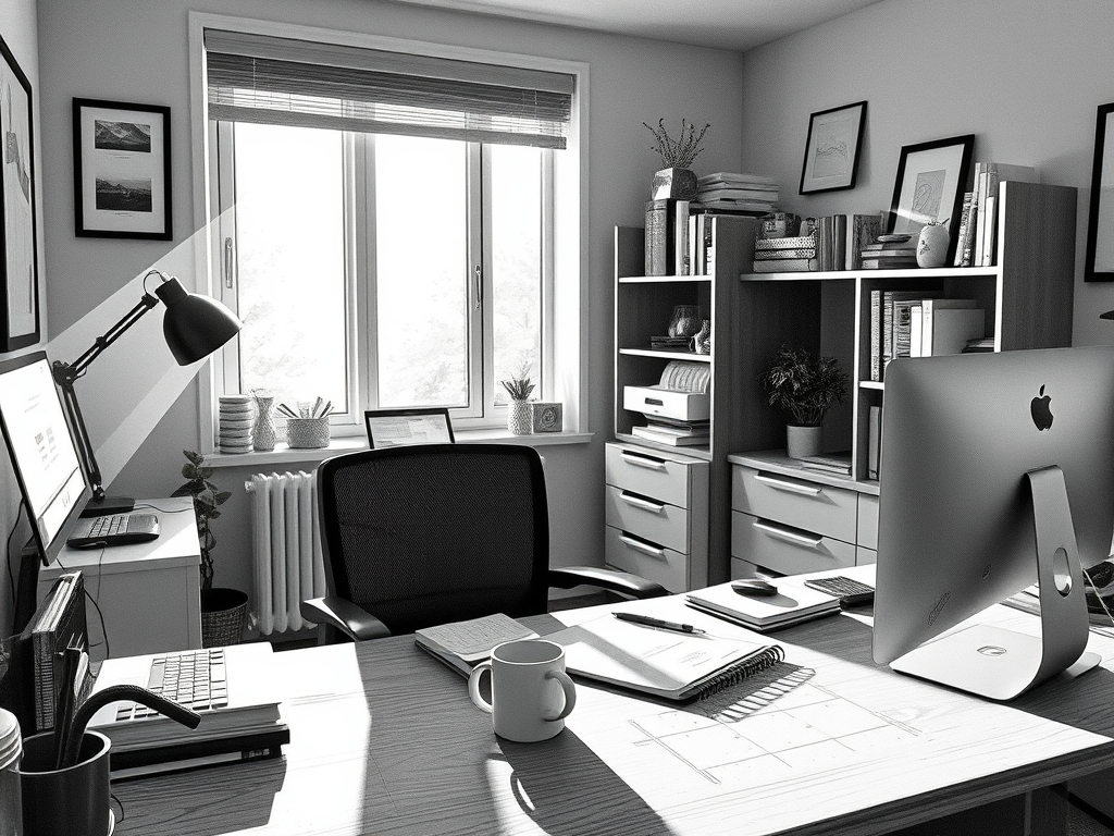 A black and white image of an office space for an older entrepreneur. Dipicting Help With That working space having chosen to become self employed at a later age