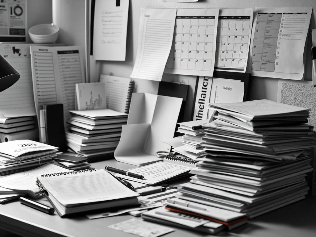 A black and white image of a cluttered desk, covered in admin, to demonstrate why people put off admin tasks