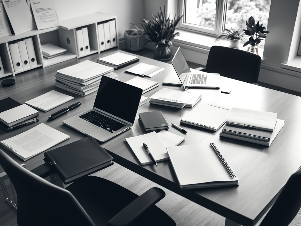 A black and white image of an organised desk. To demonstrate how accountability can help with that.