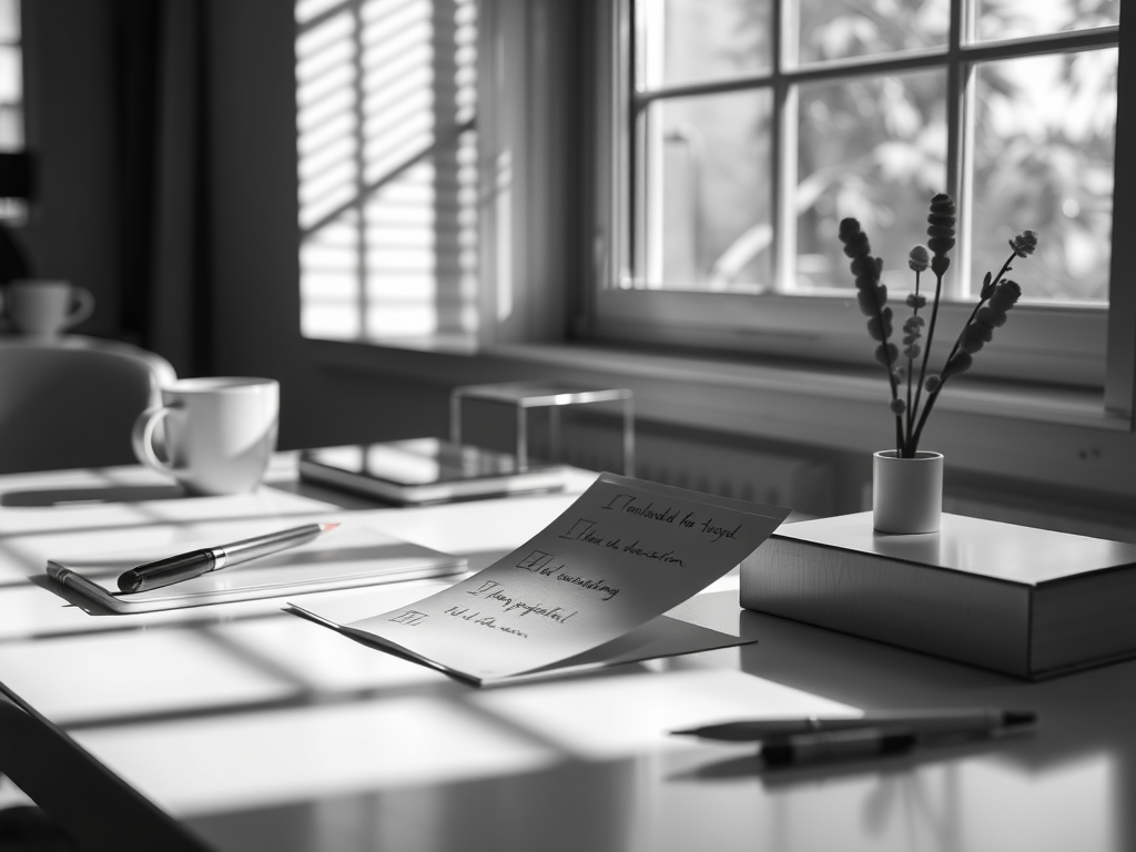 A black and white image of a clean and organised desk at Help With That to demonstrate how self rewards can bring calm.