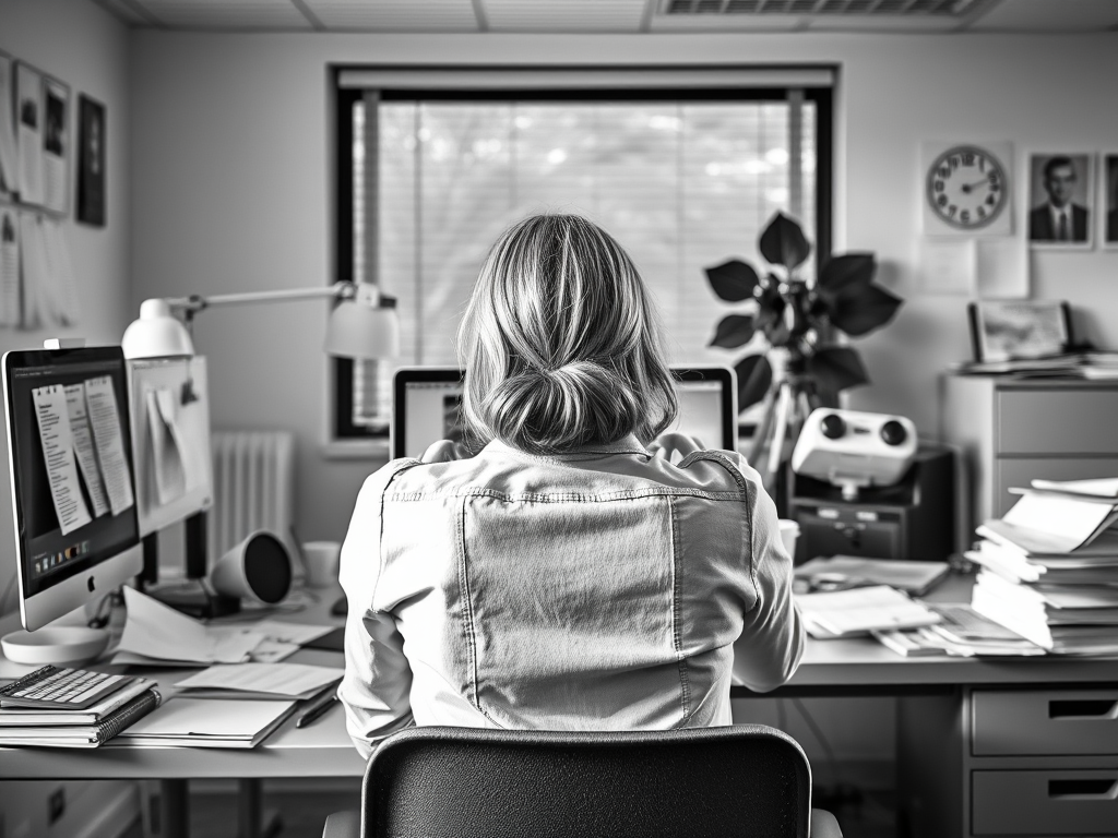A black and white image of a female professional stuck in an unproductive meeting. Before she took Help With That advice on how to be more productive in meetings