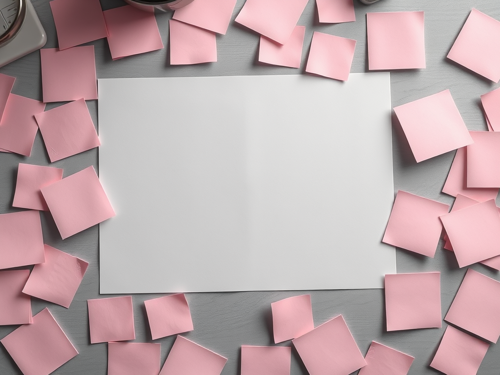 A black and white image showing a blank sheet of paper surrounded by pink post it notes at the Help With That organised workspace