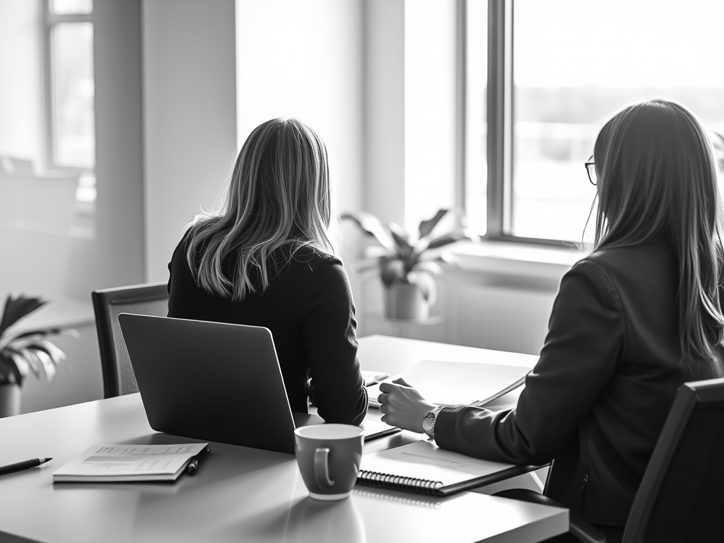 A black and white image of two business buddies in conversation