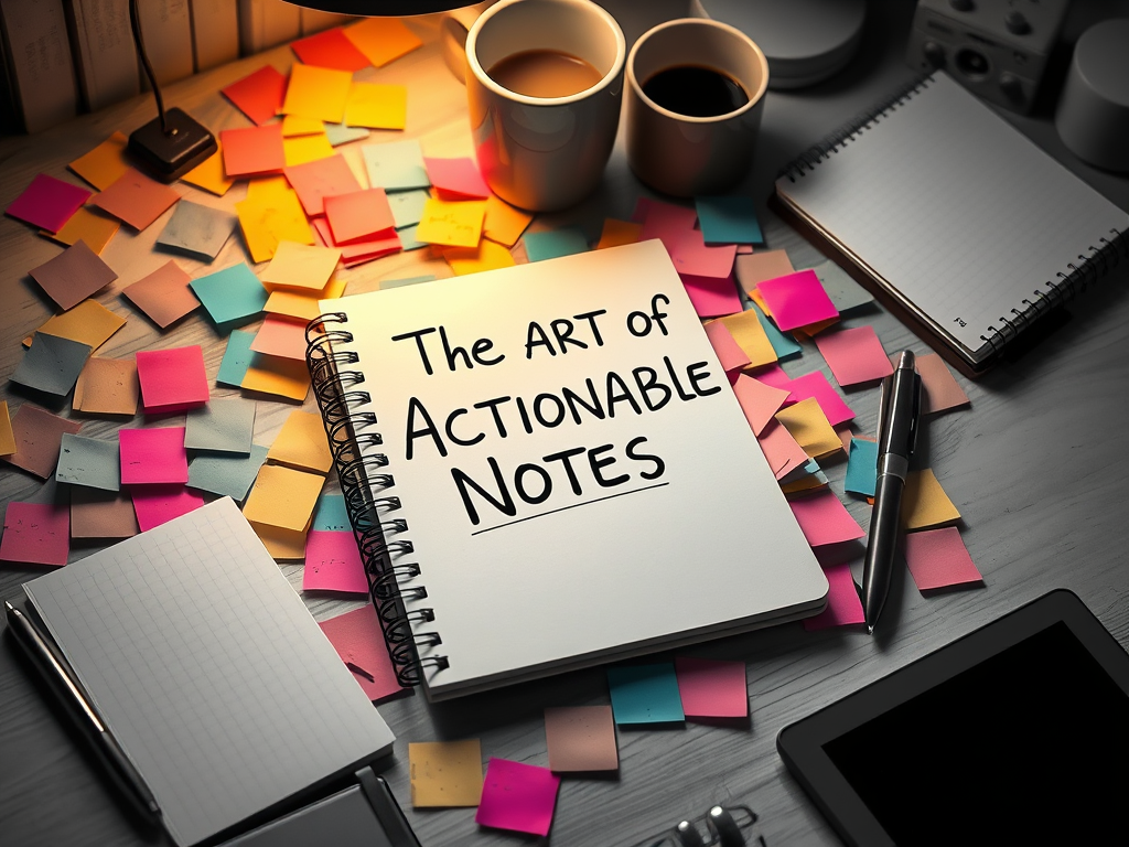 A desk cover in sticky notes and a notepad with the writing The Art of Actionable Notes - Help With That